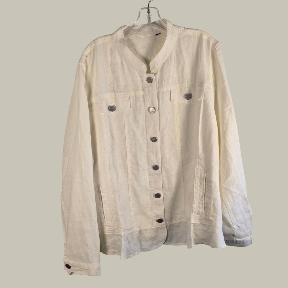 Coldwater Creek White 100% Linen Shacket Jacket Old Money Ruffle Hem Minimalist